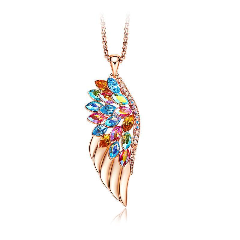 Rose Gold Phoenix Feather with Colorful Crystals Necklace