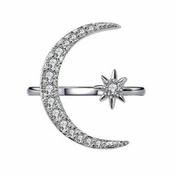 Sterling Silver Crescent Moon & Star Adjustable Open Ring