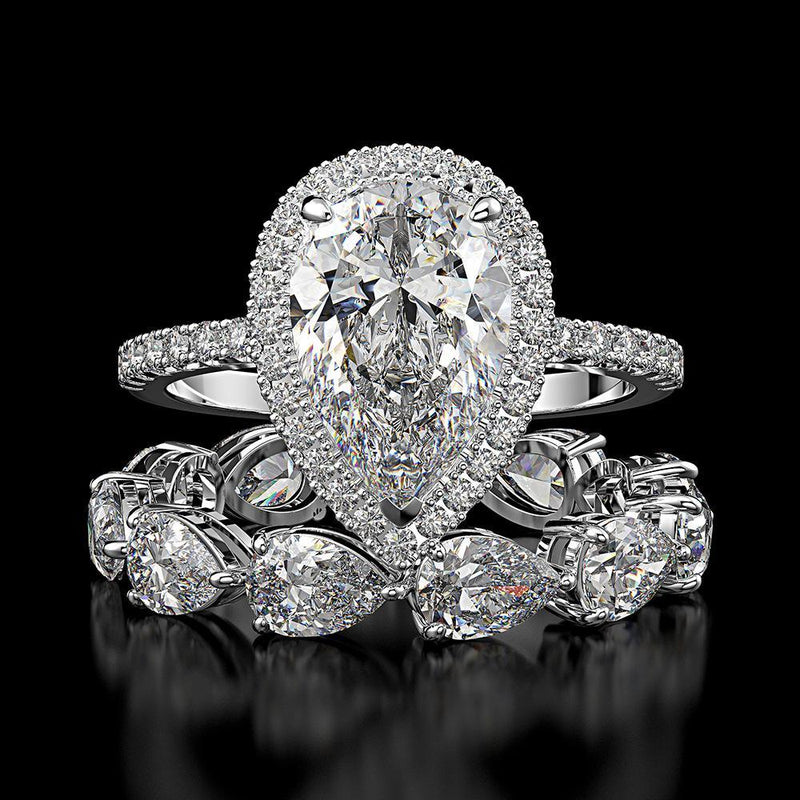 Sterling Silver Bridal Set Halo Pear Cut Engagement Ring & Pear Cut Wedding Band