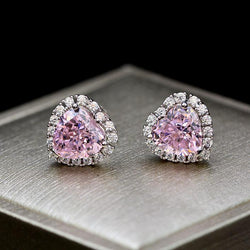 Heart Shaped Lab Created Simulated Diamond Pink Sapphire Sterling Silver Women's Stud Earrings