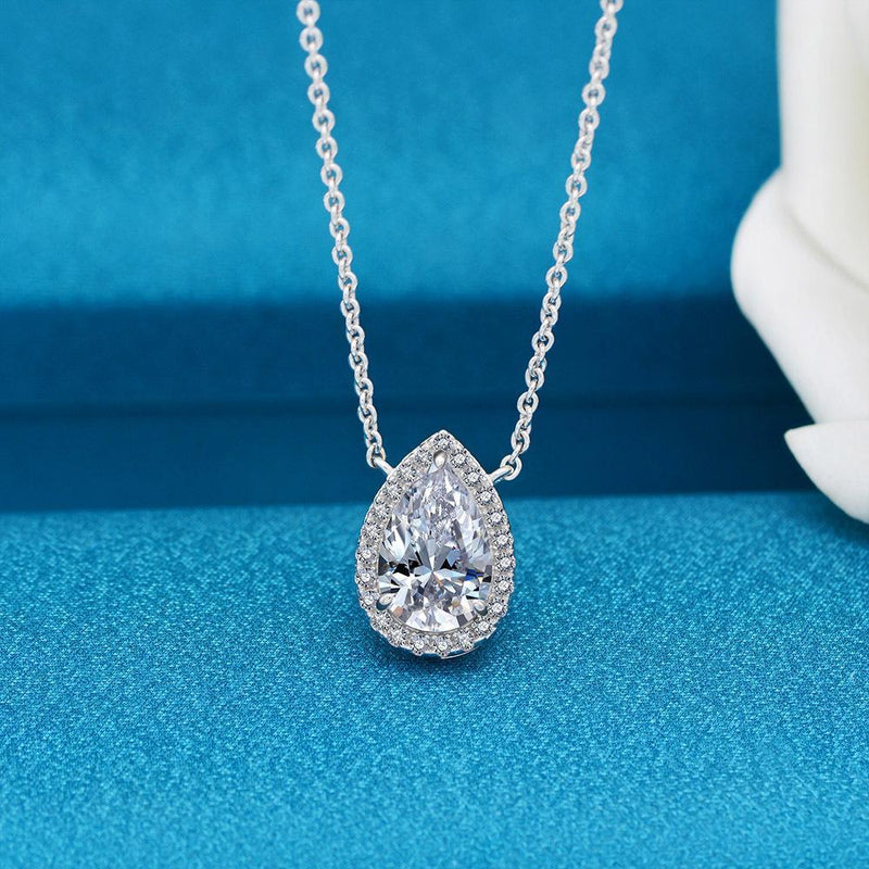 Sterling Silver Classic Halo Pear Cut Women's Pendant Necklace