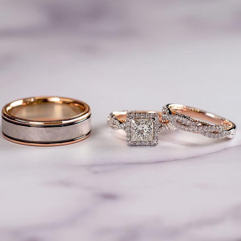Rose Gold Sparkling 3PCS Couple Ring Set For Men And Women