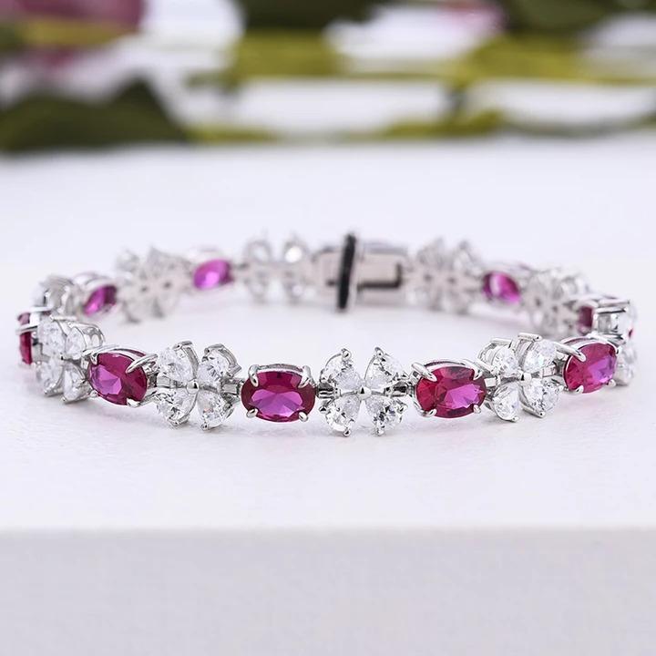 Ruby Oval Cut Four-Leaf Clover Design Bracelet
