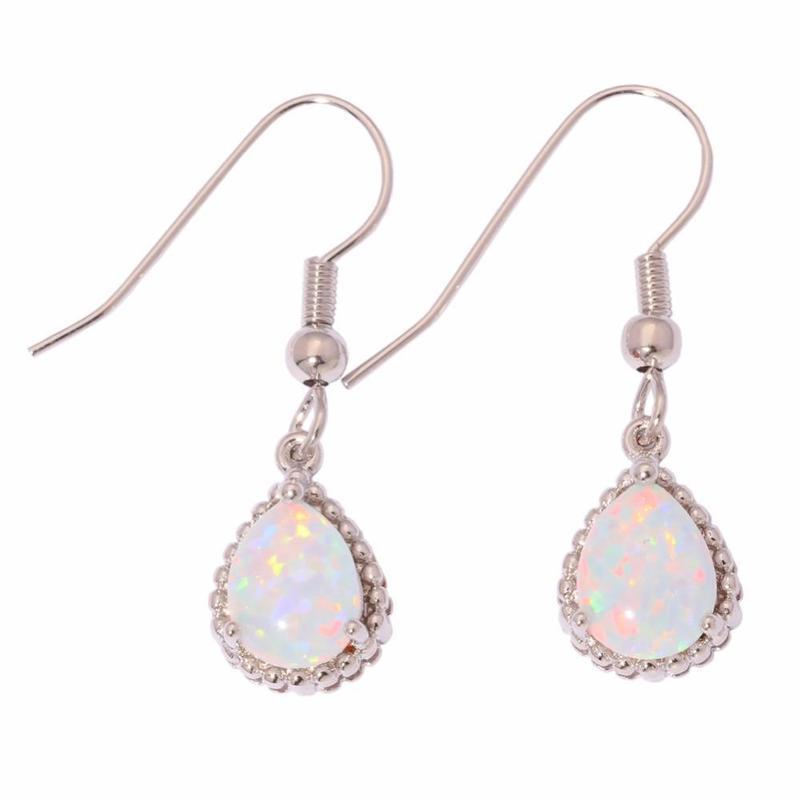White Fire Opal Silver Drop Earrings