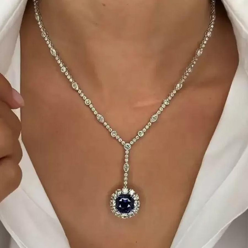 Asscher Cut Sapphire Halo Pendant Necklace