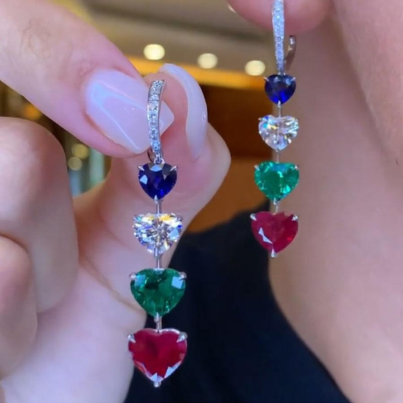 Sapphire, diamond, emerald and ruby heart drop earrings