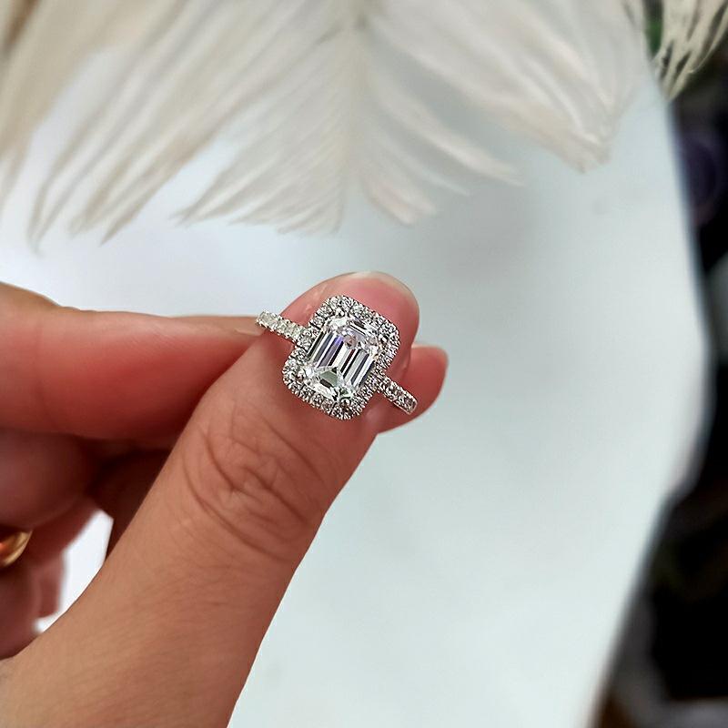 Emerald Cut Halo Engagement Ring For Women