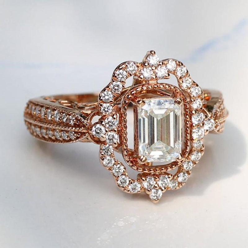Women Emerald Cut Halo Vintage Engagement Ring