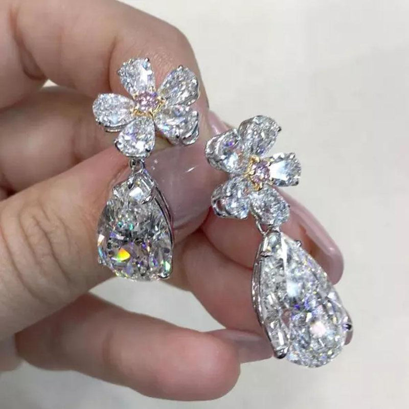 Handmde Elegant Flower Design Pear Cut Drop Earrings