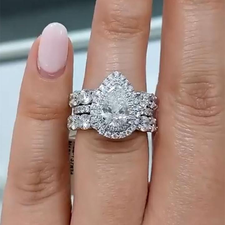 Eternity Double Halo Pear Cut 3PCS Wedding Ring Set