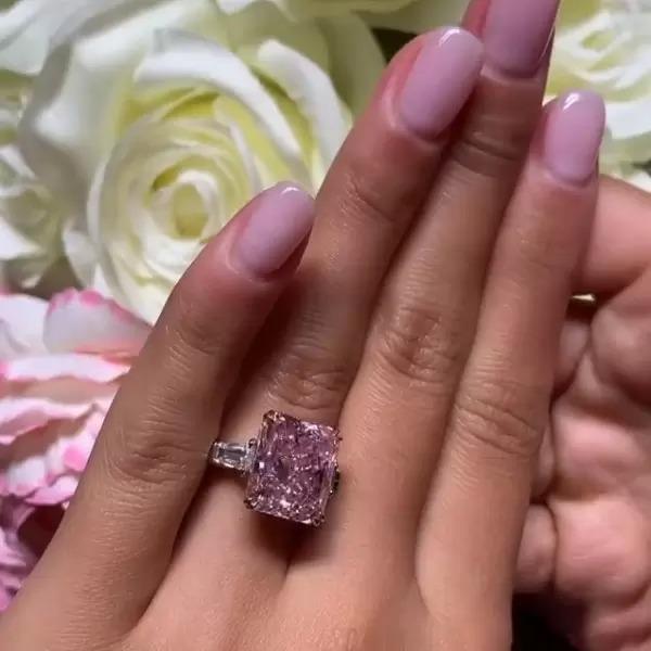 Radiant Cut Fancy Pink Three Stone Engagement Ring