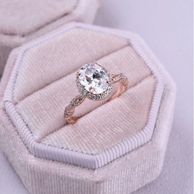Rose Gold Halo Oval Cut Twist Sterling Silver Engagement Ring