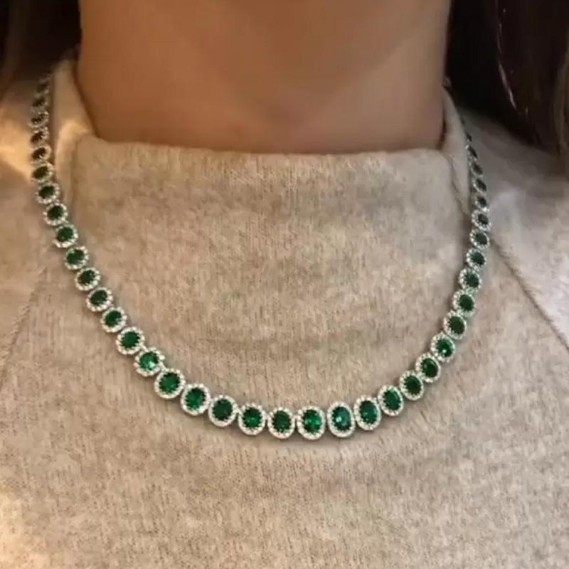 Halo Oval Cut Emerald Elegant Necklace