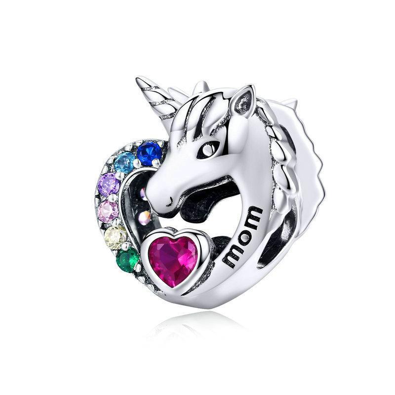 Unicorn Design Heart Love Mom S925 Silver Beads Charm