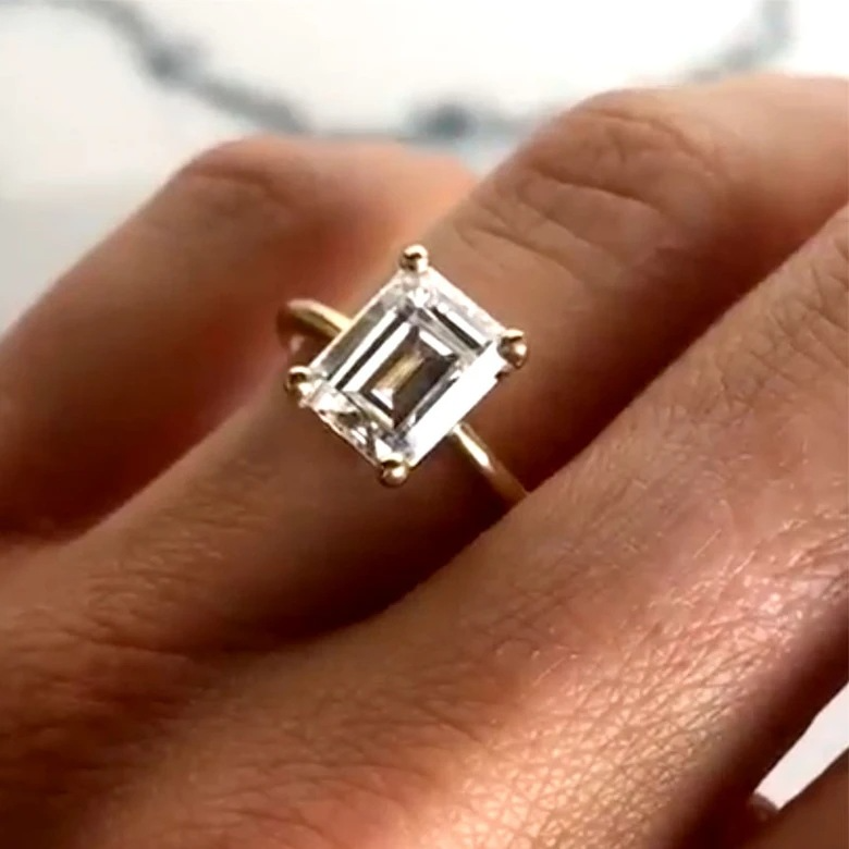 Yellow Gold Emerald Cut Solitaire Sterling Silver Engagement Ring For Her