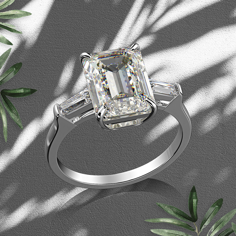 Three Stone Emerald Cut Engagement Ring In Sterling Silver