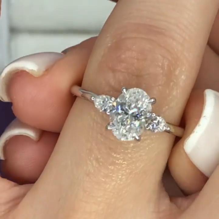 Three Stone Oval&Pear Cut Engagement Ring In Sterling Silver