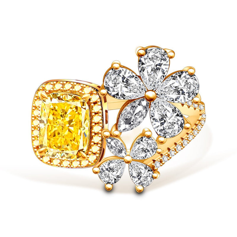 Radiant Cut Fancy Yellow Flowers Engagement Ring