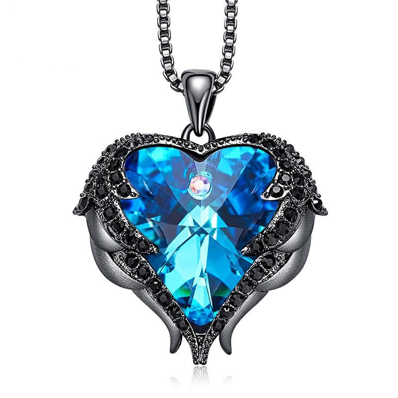 Blue Stone Angel Wings Heart Pendant