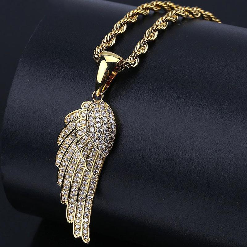 Micro-inlaid Zircon Feather Wings Pendant hiphop personality necklace
