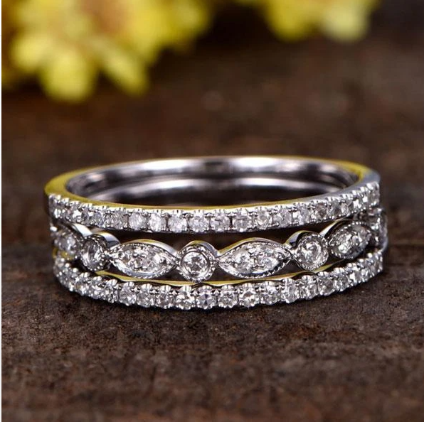 Full Eternity 3PC Stacking Wedding Band Set In White Gold Plated