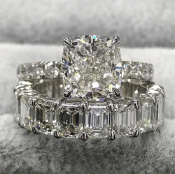 Bridal Set Cushion Cut Engagement Ring & Emerald Cut Wedding Band