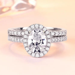 Classic Oval Cut Halo 925 Sterling Silver Ring Set