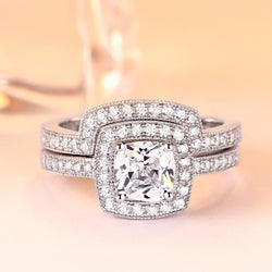Cushion Cut Halo Ring Set With Curved Band