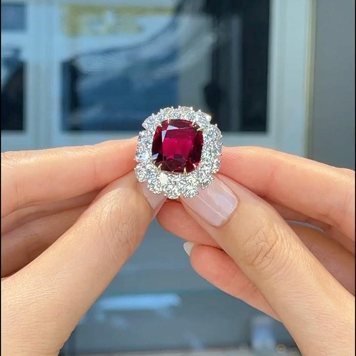 Cushion Cut Deep Red Hue Sterling Silver Engagement Ring