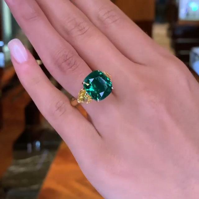 Yellow Heart Shape Side Stone Emerald Ring