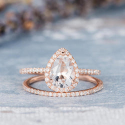 Halo Pear Cut Created White Sapphire Wedding Ring Set In Rose Gold
