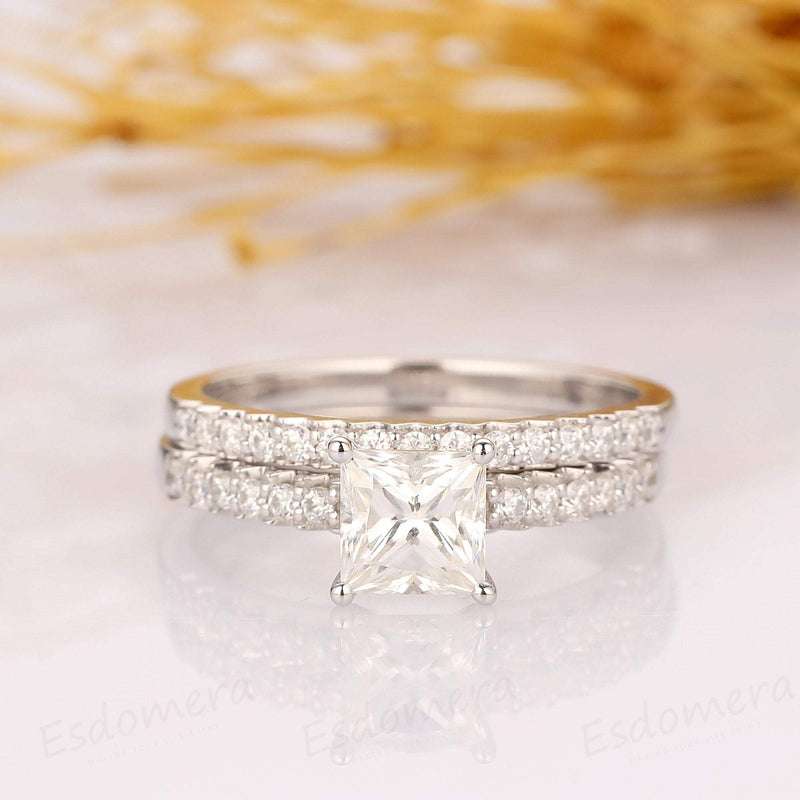1.5 Carat Princess Cut White Sapphire Wedding Ring Set In Sterling Silver