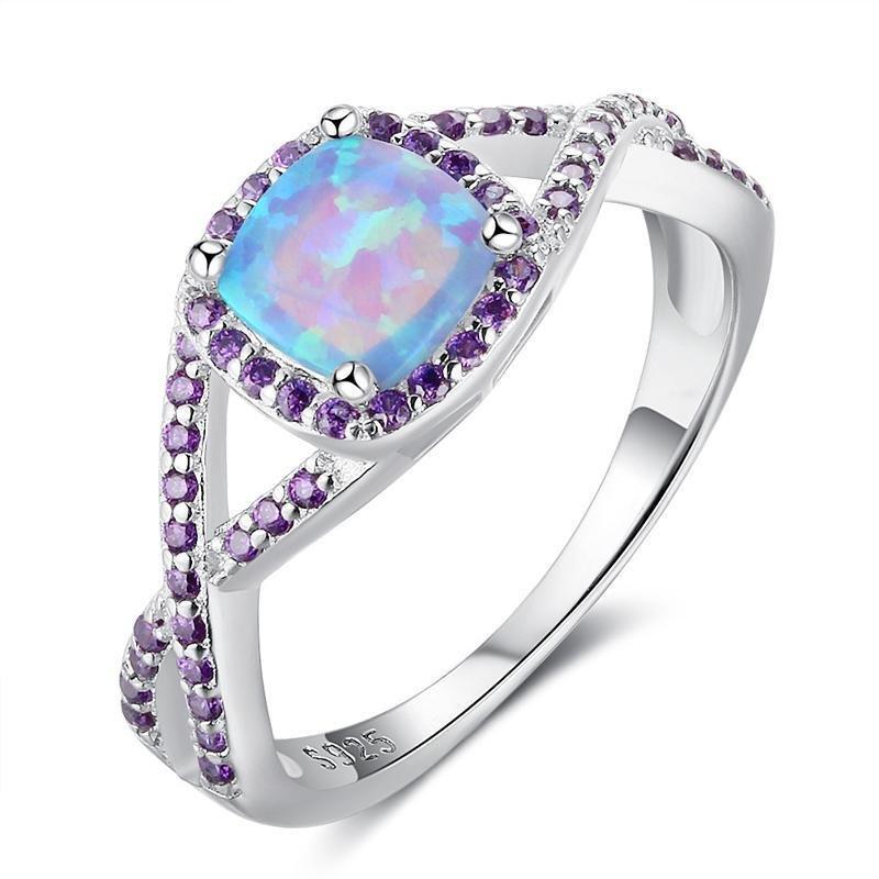 Intertwined Opal Halo Ring With Purple Stones