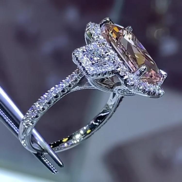 Jolics Handmade 7.3 CT Radiant Cut Halo Sterling Silver Wedding Ring
