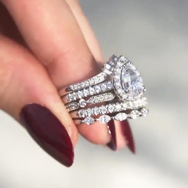 Jolics Handmade Pear Cut Halo 925 Sterling Silver Engagement Set Ring