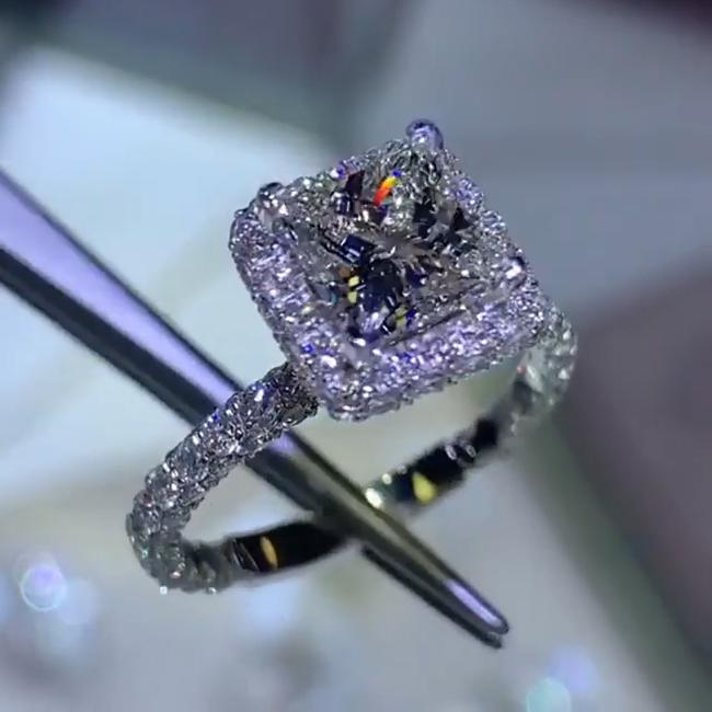 Jolics Handmade Princess Cut Halo 925 Sterling Silver Engagement Ring