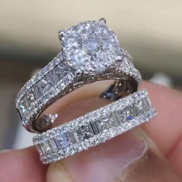Jolics Handmade Round Cut 925 Sterling Silver Engagement Set Ring