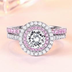 Pink Color Halo With Center Stone 925 Sterling Silver Ring Set - jolics