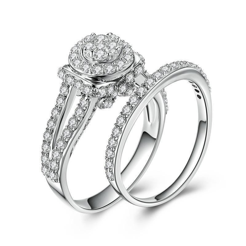 Round Halo Split Silver Wedding Set