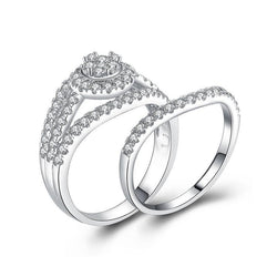 Round Halo Triple Row Split Silver Wedding Set