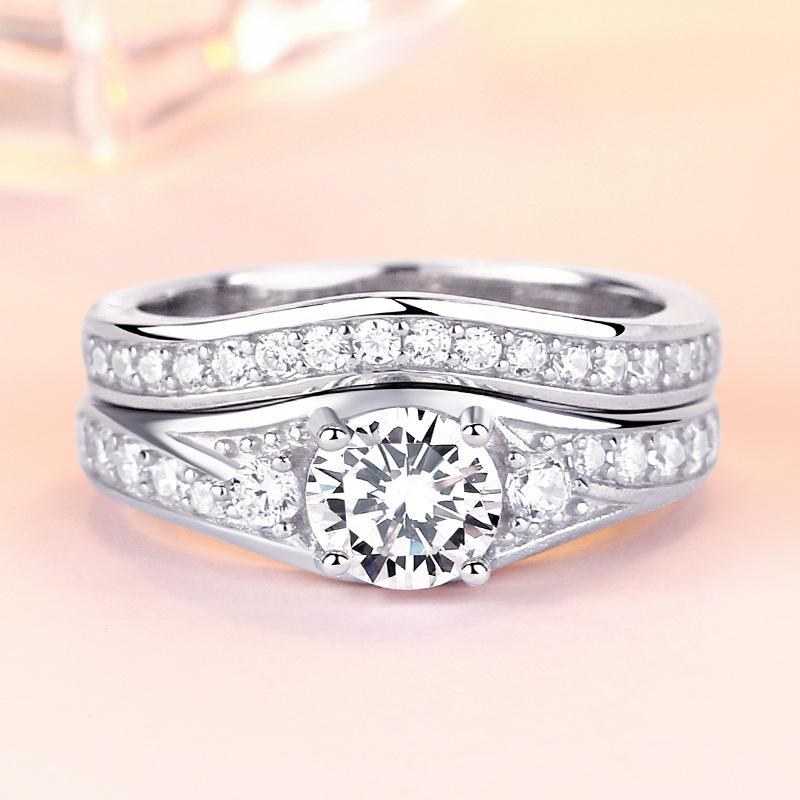 Three Stone Created White Sapphire 925 Sterling Silver Wedding Ring Set
