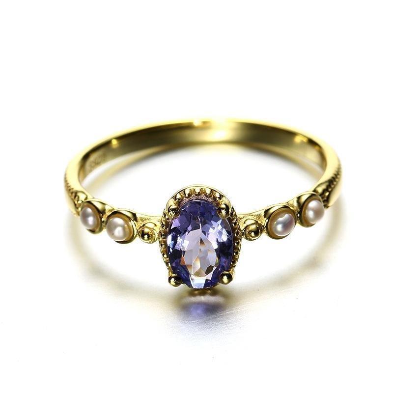 Yellow Gold Zoisite Stone Ring With Pearl